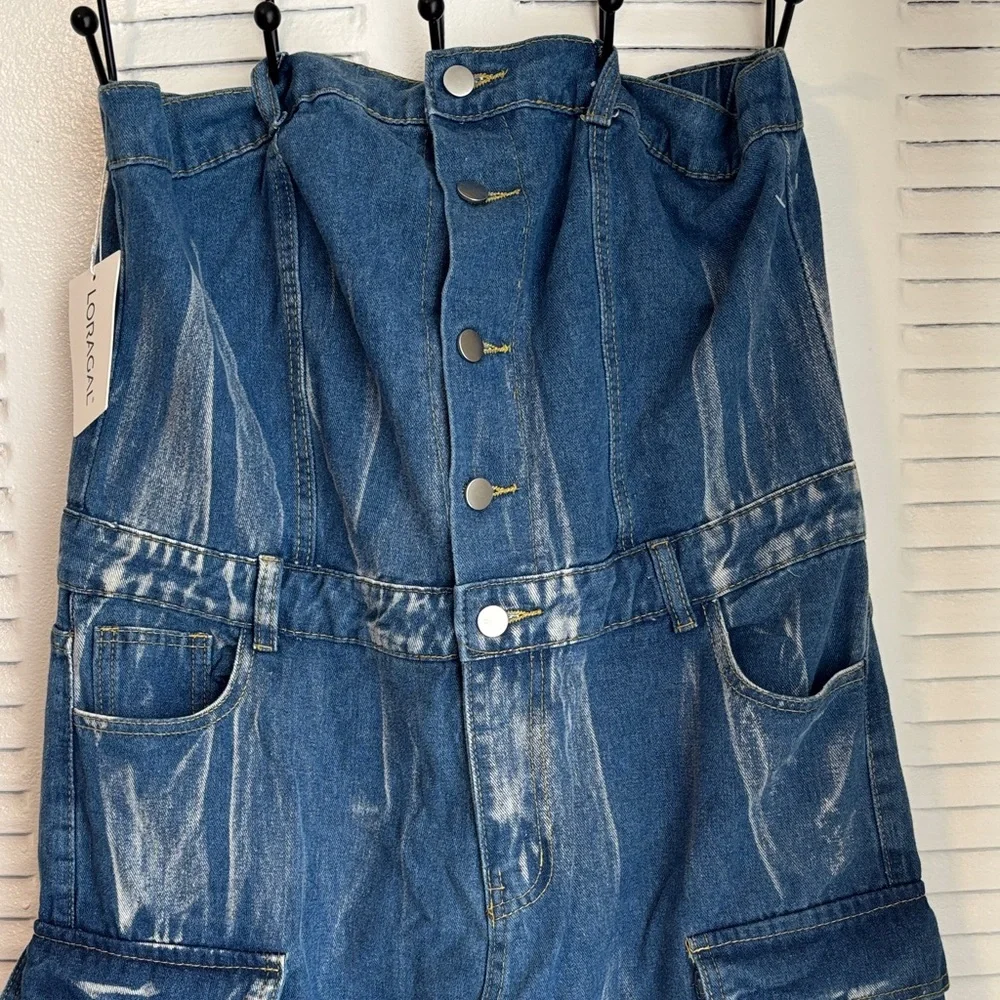 Loragal Denim Cargo Jumpsuit Strapless Wide Leg Y2K Utility NWT - Picture 3 of 16